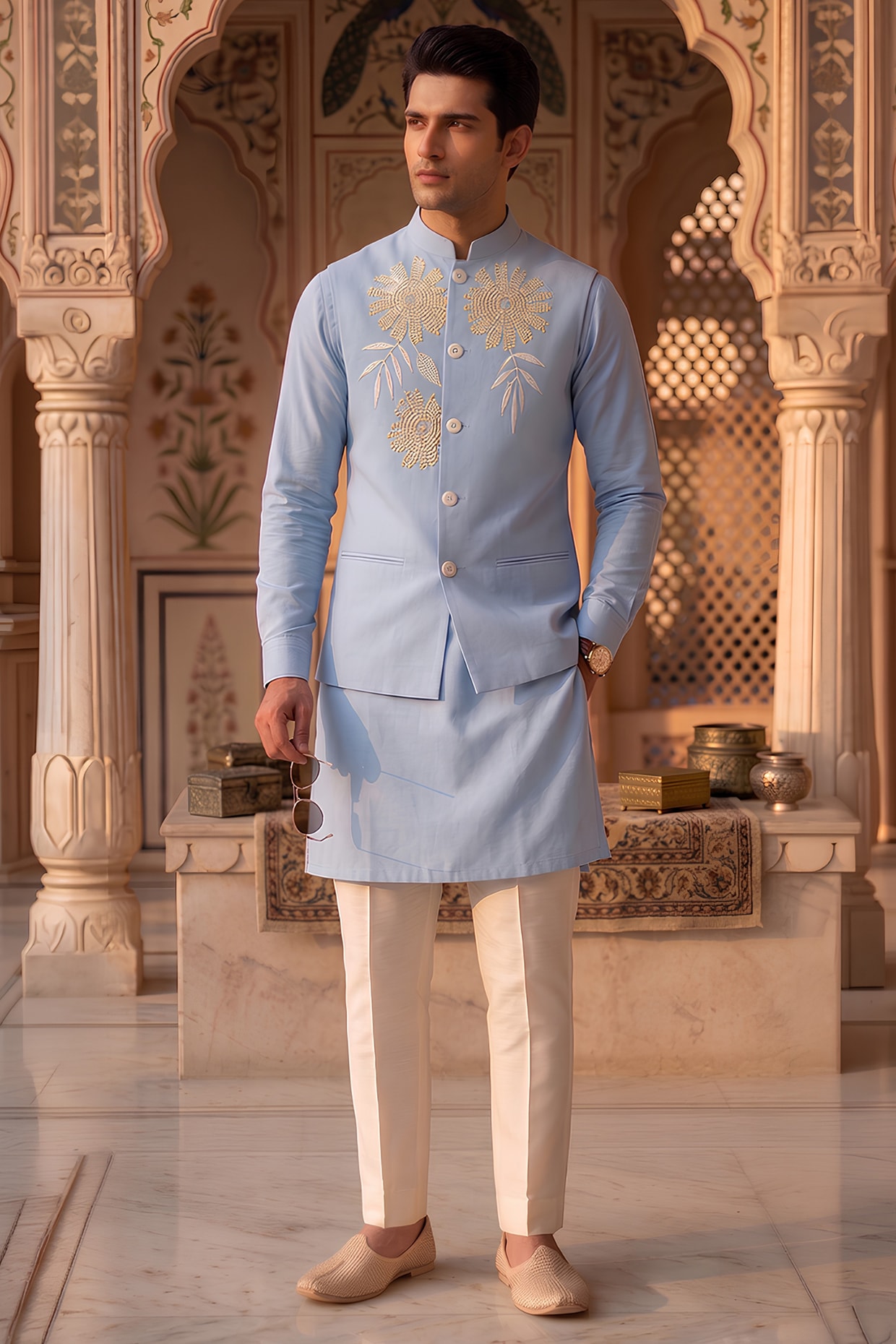 Prateek Munjal Light Blue Moss Crepe Embroidered Nehru Jacket Set