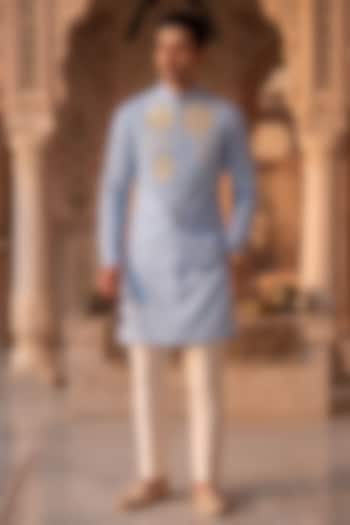 Light Blue Moss Crepe Embroidered Nehru Jacket Set by Prateek Munjal at Pernia's Pop Up Shop