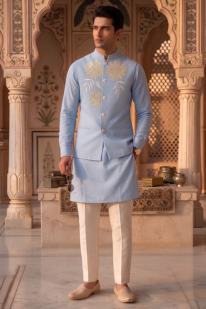 Light Blue Moss Crepe Embroidered Nehru Jacket Set by Prateek Munjal at Pernia's Pop Up Shop