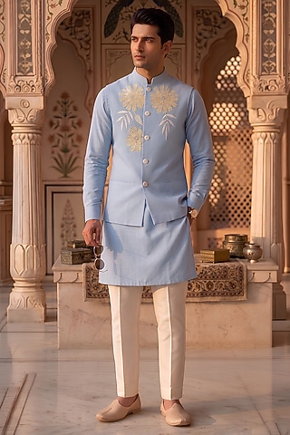 Light Blue Moss Crepe Embroidered Nehru Jacket Set by Prateek Munjal