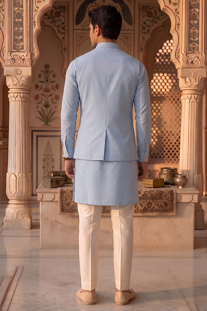 Light Blue Moss Crepe Embroidered Nehru Jacket Set by Prateek Munjal at Pernia's Pop Up Shop