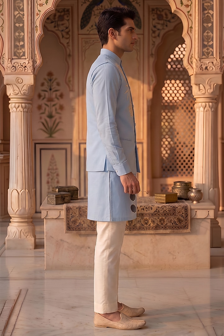 Light Blue Moss Crepe Embroidered Nehru Jacket Set by Prateek Munjal at Pernia's Pop Up Shop