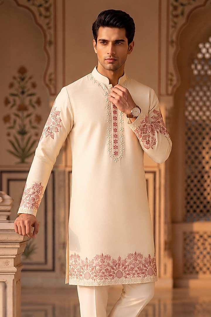 Cream Cotton Floral Threadwork Kurta Set by Prateek Munjal at Pernia's Pop Up Shop
