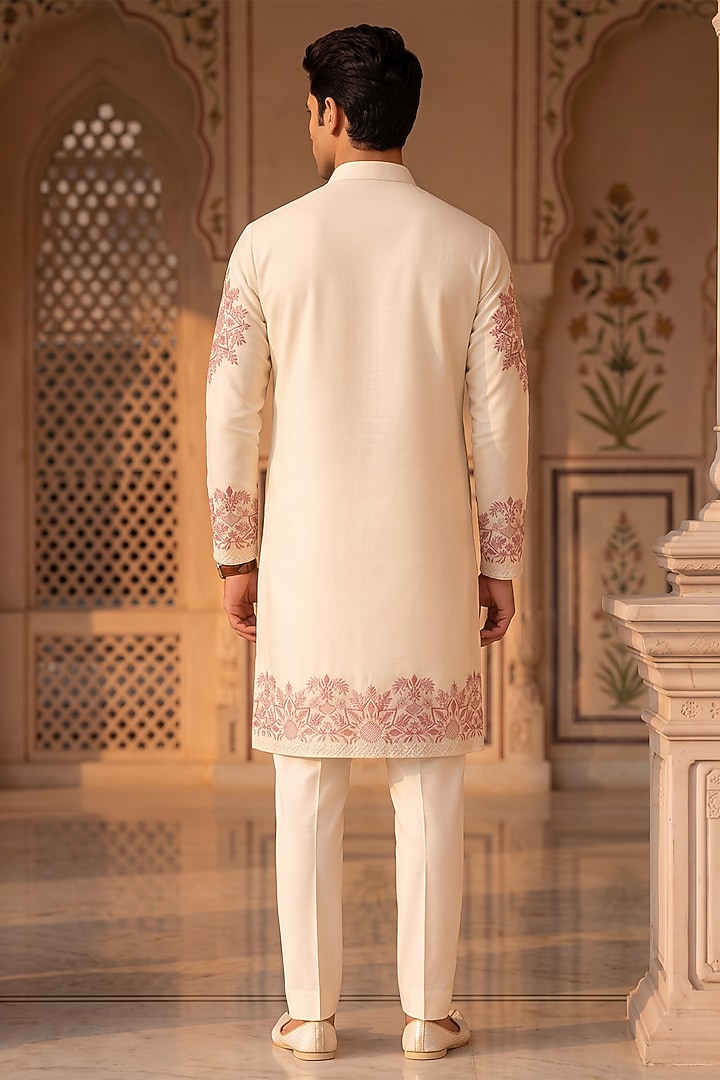 Cream Cotton Floral Threadwork Kurta Set by Prateek Munjal at Pernia's Pop Up Shop