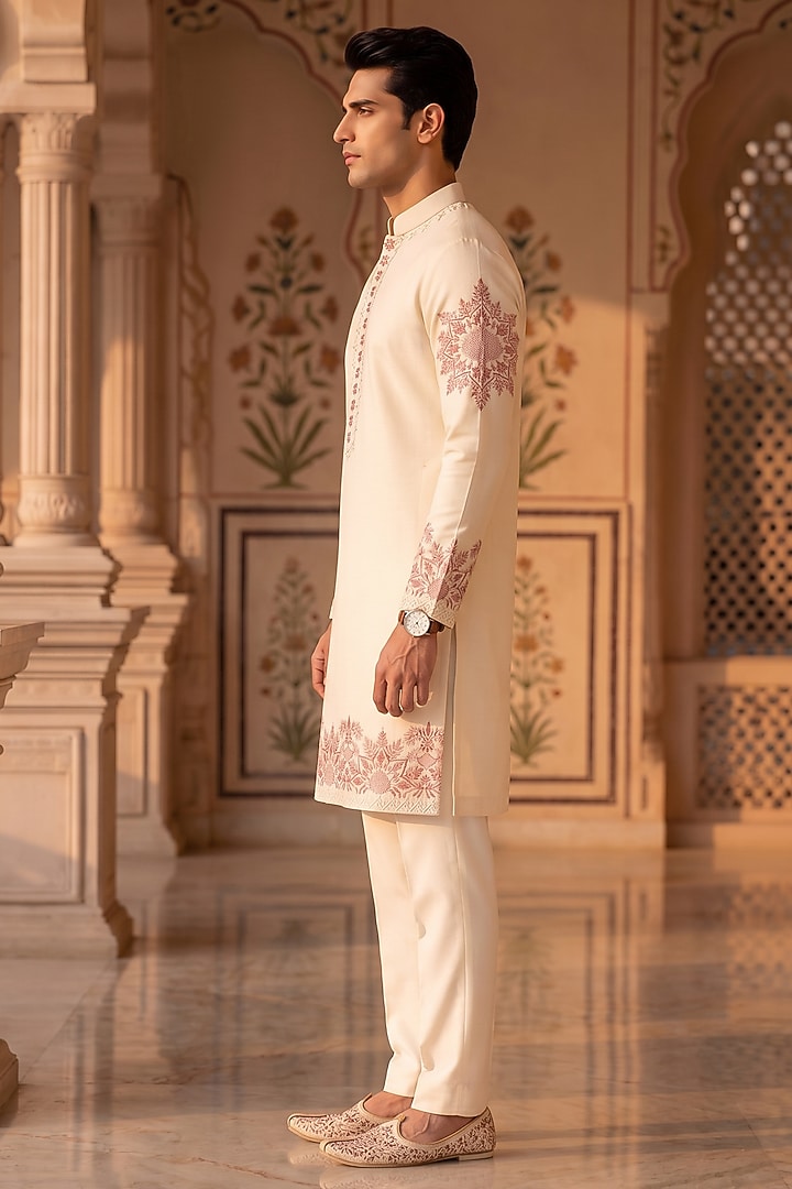Cream Cotton Floral Threadwork Kurta Set by Prateek Munjal at Pernia's Pop Up Shop