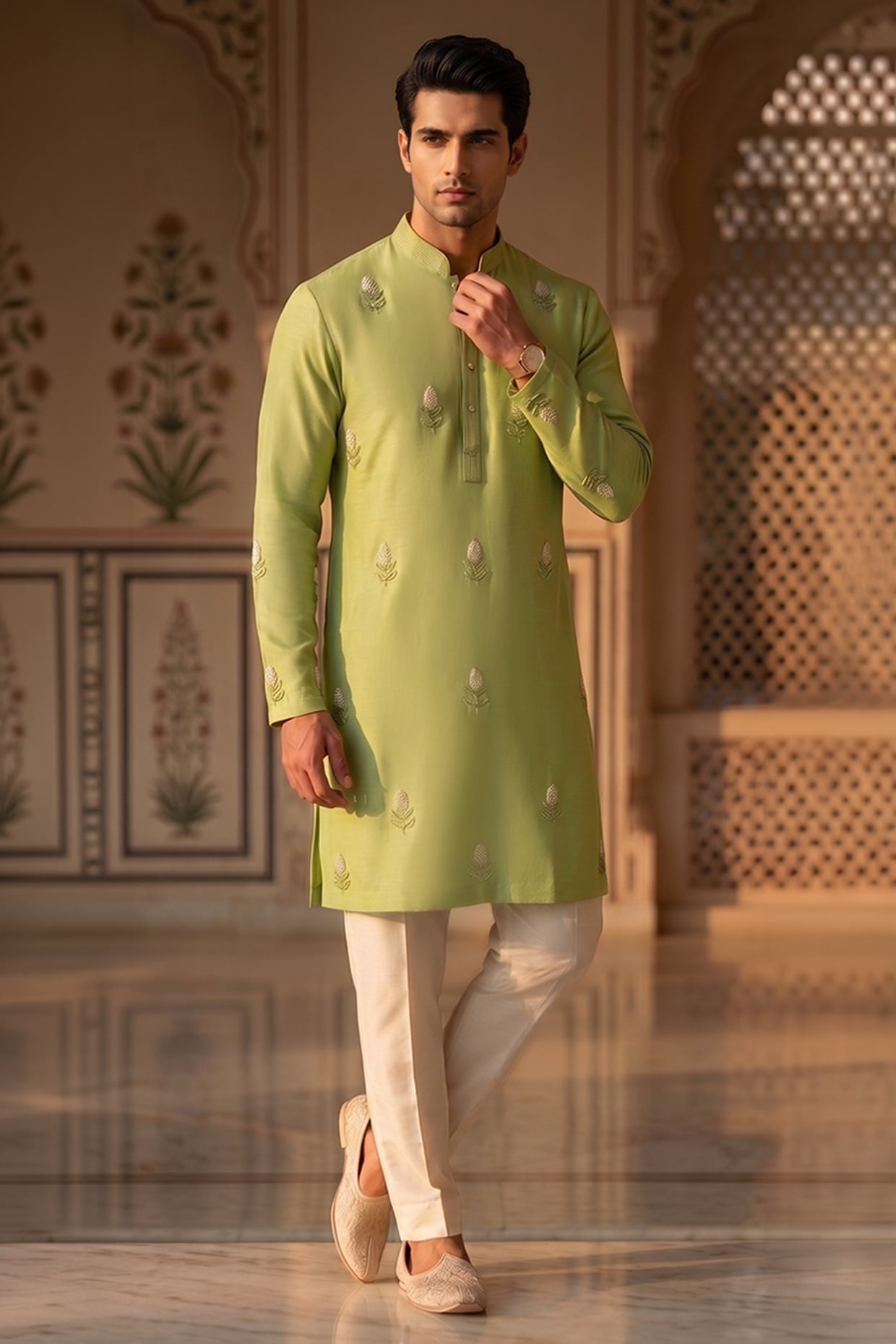 Prateek Munjal Lime Green Moss Crepe Beadwork Kurta Set