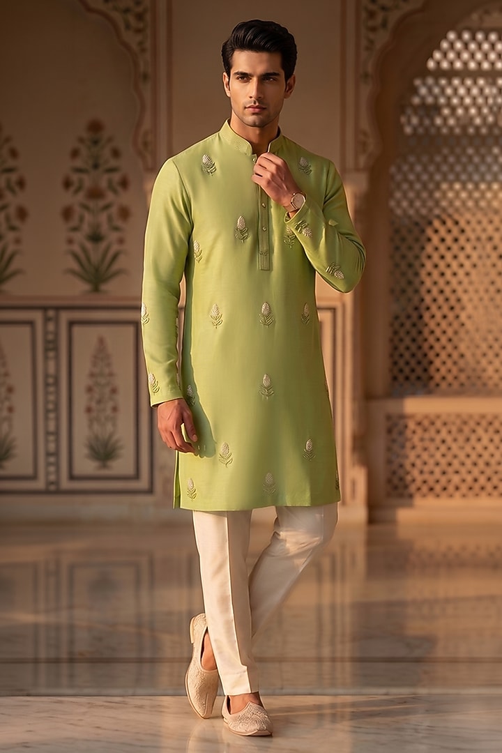 Lime Green Moss Crepe Beadwork Kurta Set by Prateek Munjal at Pernia's Pop Up Shop