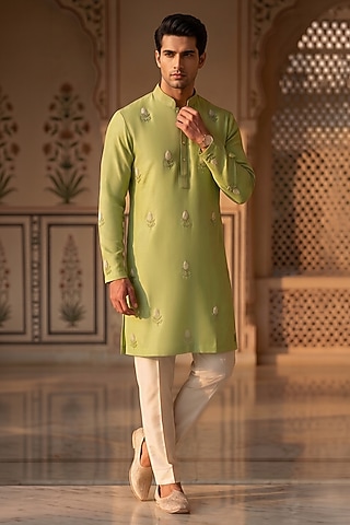 Lime Green Moss Crepe Beadwork Kurta Set by Prateek Munjal