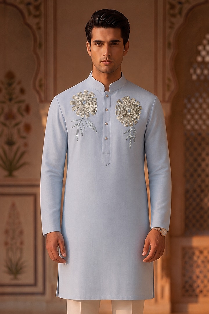Light Blue Moss Crepe Beadwork Kurta Set by Prateek Munjal at Pernia's Pop Up Shop
