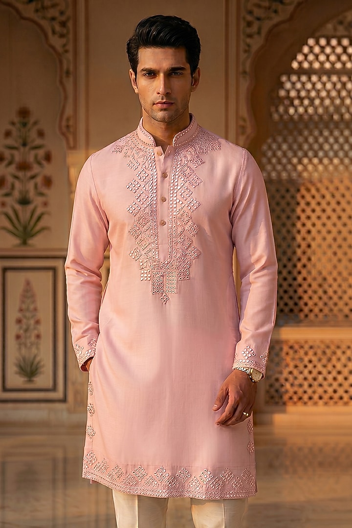 Light Pink Mirror Embroidered Kurta Set by Prateek Munjal at Pernia's Pop Up Shop