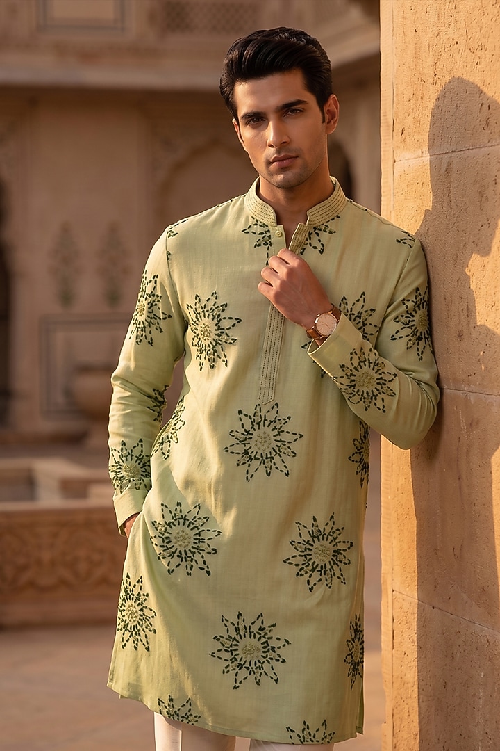 Mint Green Cotton Kantha Embroidered Kurta Set by Prateek Munjal at Pernia's Pop Up Shop