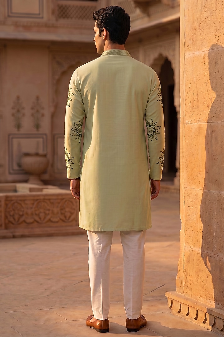 Mint Green Cotton Kantha Embroidered Kurta Set by Prateek Munjal at Pernia's Pop Up Shop