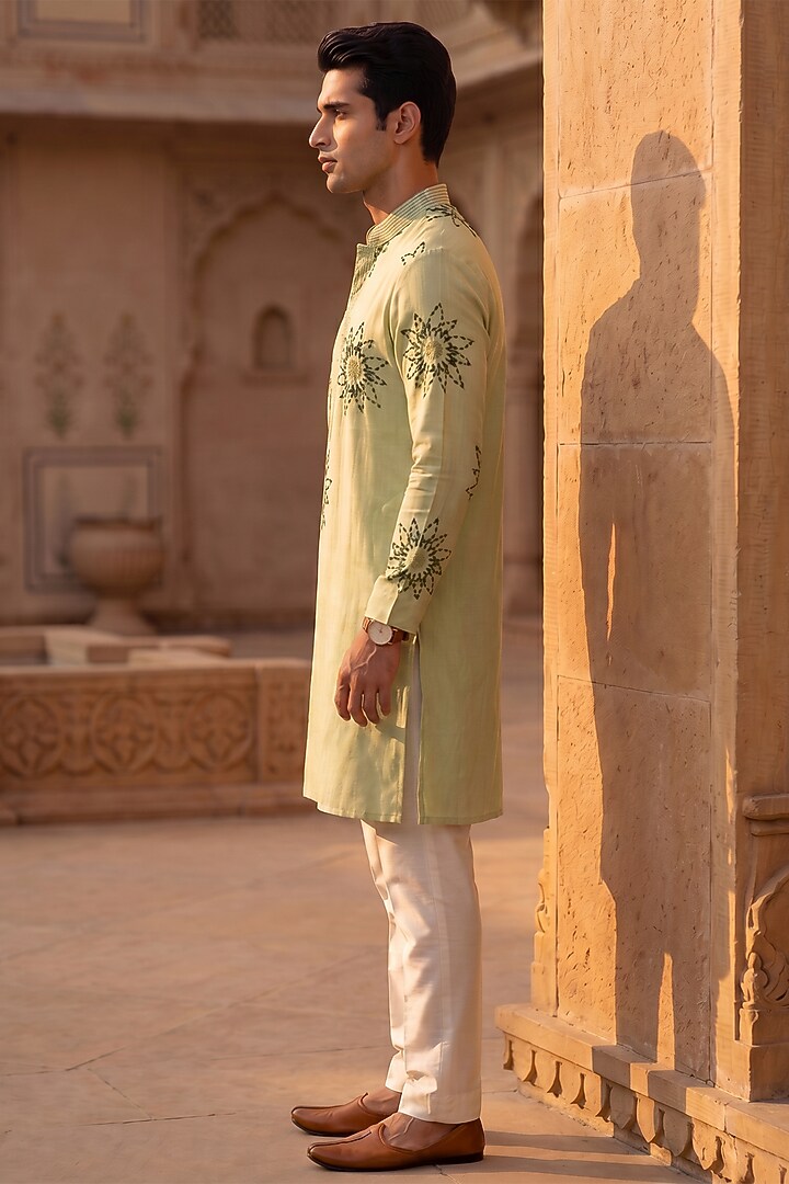 Mint Green Cotton Kantha Embroidered Kurta Set by Prateek Munjal at Pernia's Pop Up Shop