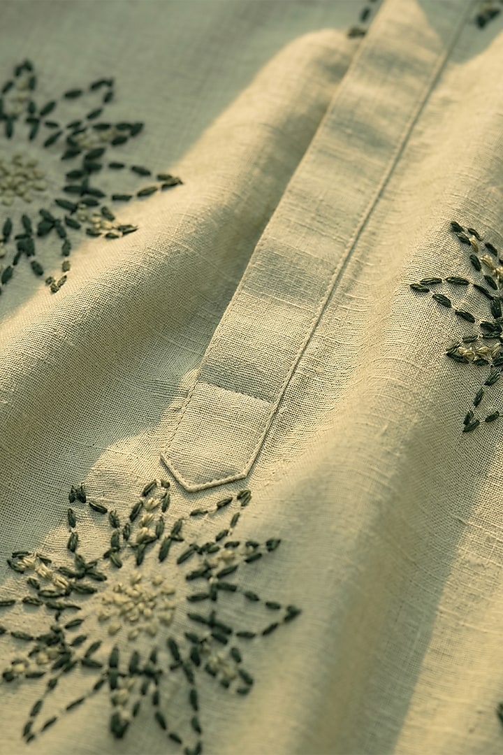 Mint Green Cotton Kantha Embroidered Kurta Set by Prateek Munjal at Pernia's Pop Up Shop