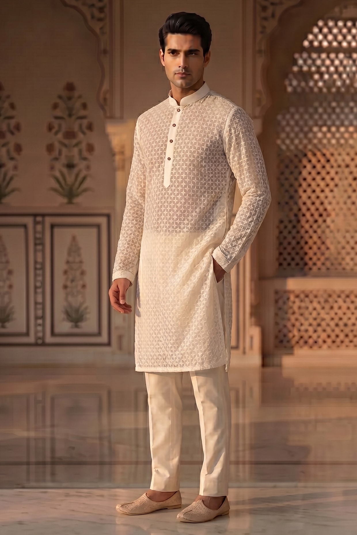 Prateek Munjal Off-White Georgette Chikankari Kurta Set