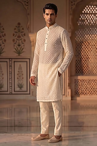 Off-White Georgette Chikankari Kurta Set by Prateek Munjal