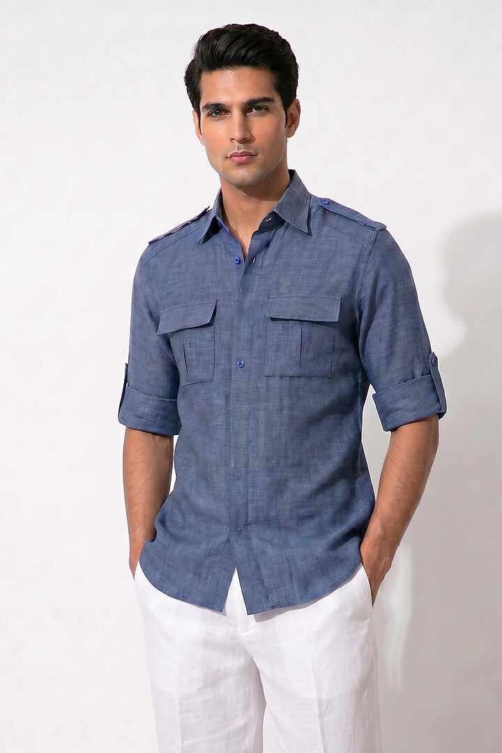 Royal Blue Linen Shacket by Prateek Munjal at Pernia's Pop Up Shop