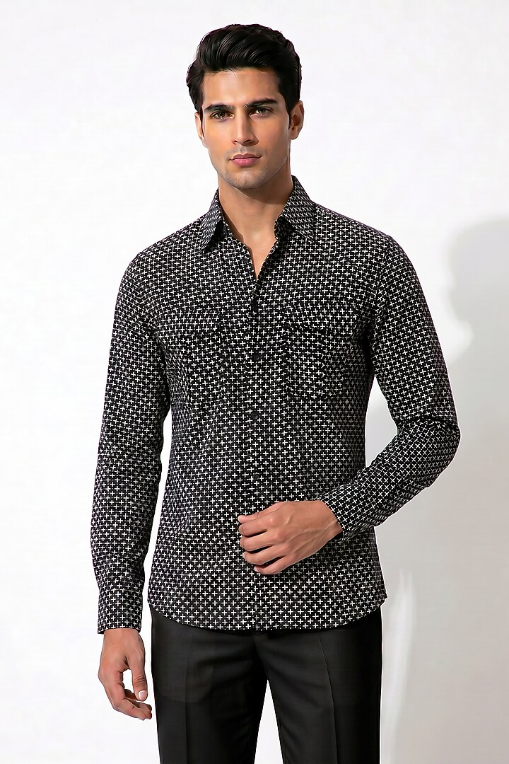 Black Cotton Embroidered Shacket by Prateek Munjal at Pernia's Pop Up Shop