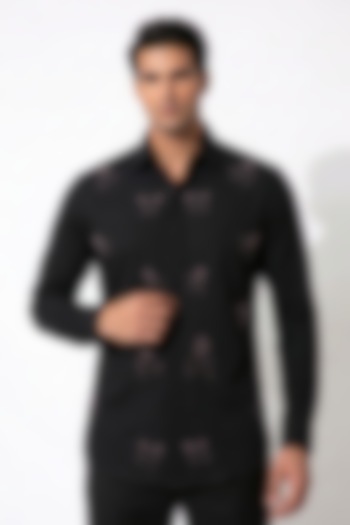 Black Blended Rayon Floral Embroidered Party Wear Shirt by Prateek Munjal at Pernia's Pop Up Shop