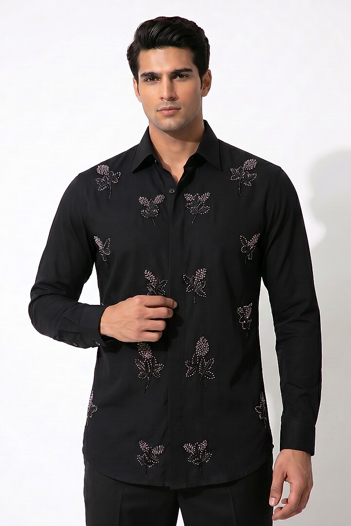 Black Blended Rayon Floral Embroidered Party Wear Shirt by Prateek Munjal at Pernia's Pop Up Shop
