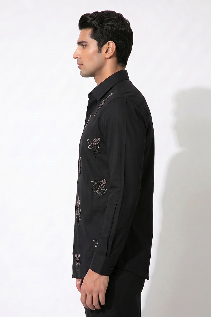 Black Blended Rayon Floral Embroidered Party Wear Shirt by Prateek Munjal at Pernia's Pop Up Shop