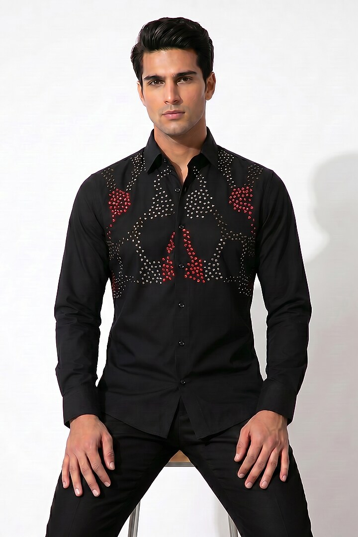 Black Blended Rayon Beaded Embroidered Party Wear Shirt by Prateek Munjal at Pernia's Pop Up Shop