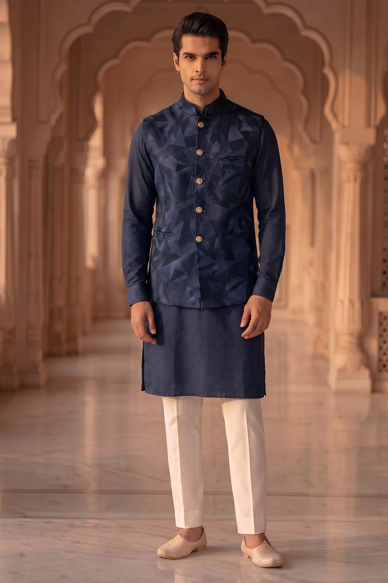 Prateek Munjal Deep Blue Cotton & Silk Embroidered Nehru Jacket Set