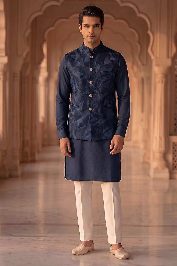 Deep Blue Cotton & Silk Embroidered Nehru Jacket Set by Prateek Munjal at Pernia's Pop Up Shop