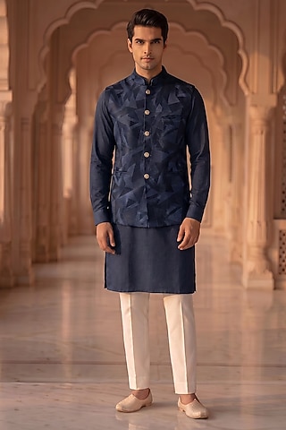 Deep Blue Cotton & Silk Embroidered Nehru Jacket Set by Prateek Munjal