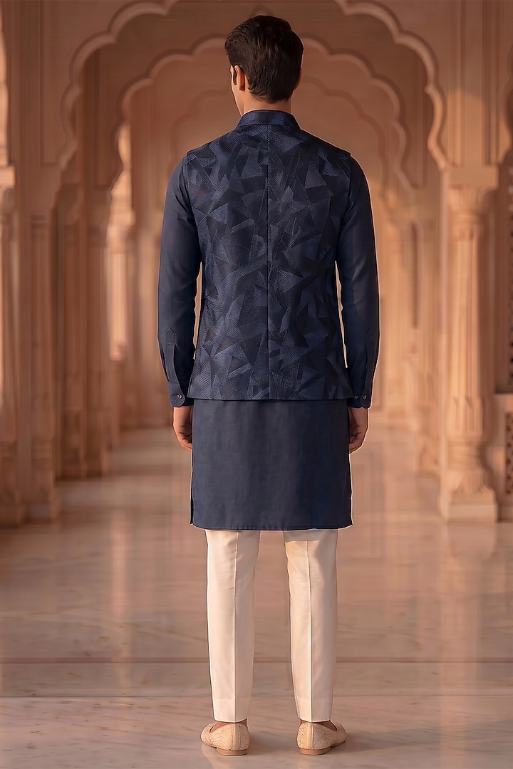 Deep Blue Cotton & Silk Embroidered Nehru Jacket Set by Prateek Munjal at Pernia's Pop Up Shop