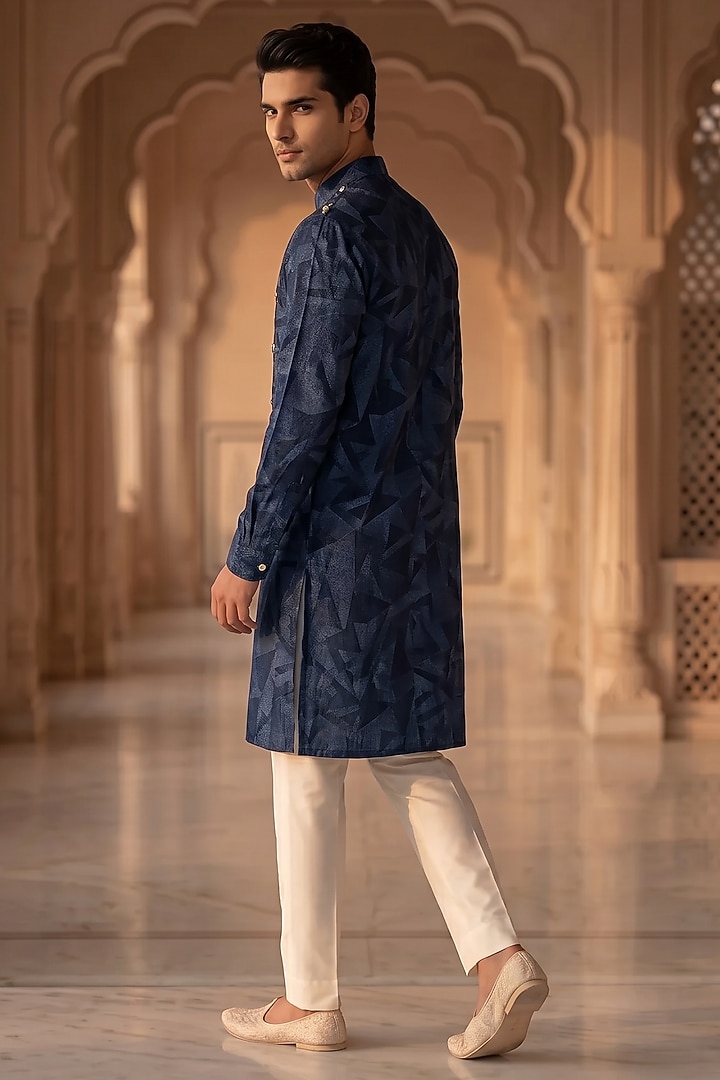 Deep Blue Cotton & Silk Embroidered Nehru Jacket Set by Prateek Munjal at Pernia's Pop Up Shop