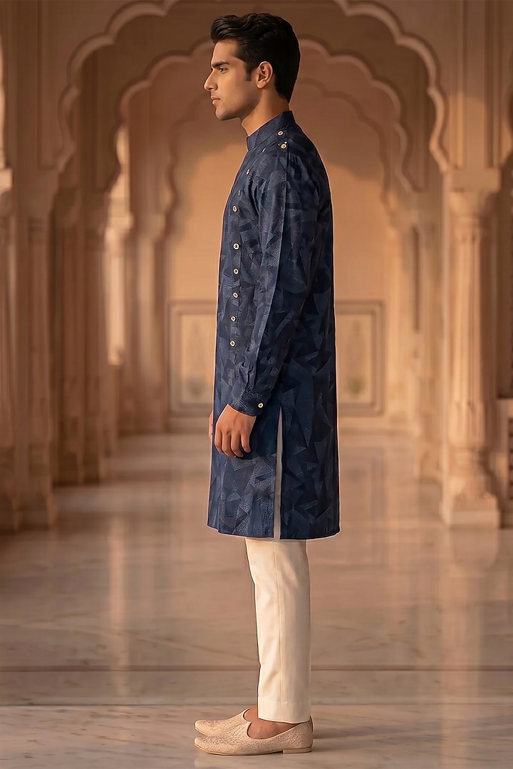 Deep Blue Cotton & Silk Embroidered Nehru Jacket Set by Prateek Munjal at Pernia's Pop Up Shop