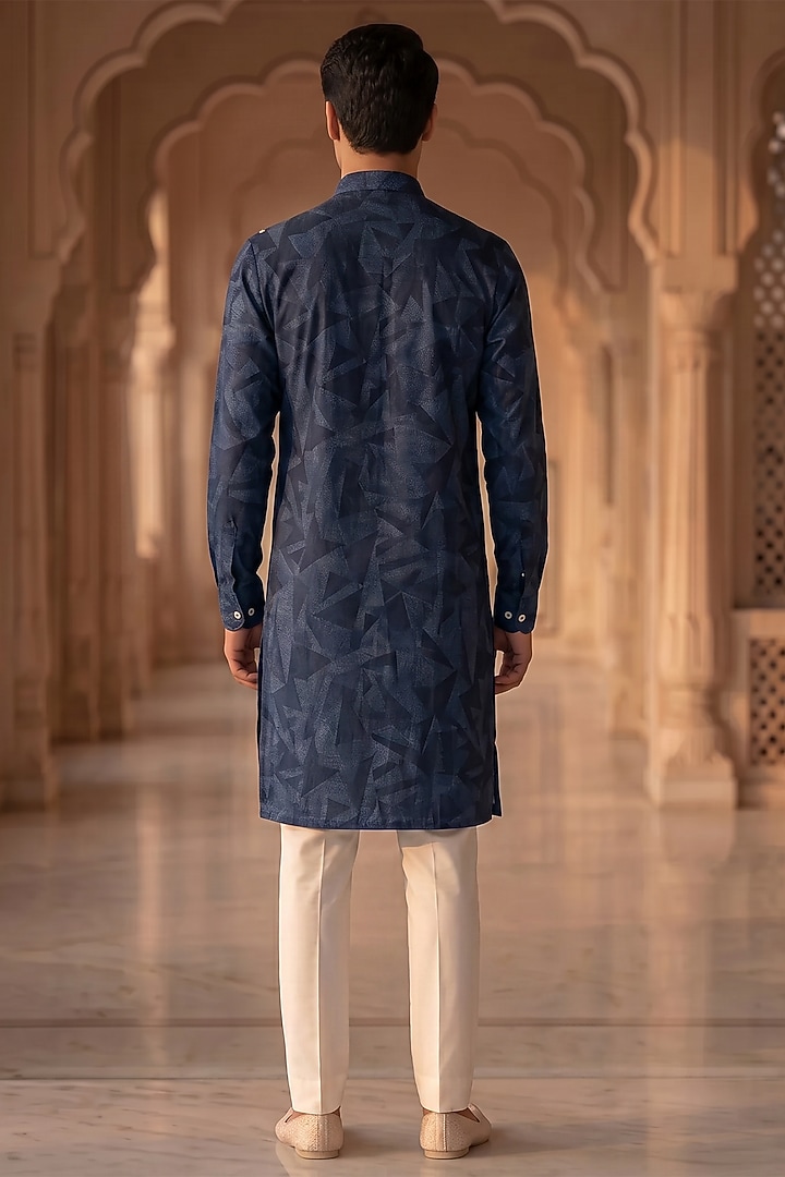 Deep Blue Cotton & Silk Embroidered Nehru Jacket Set by Prateek Munjal at Pernia's Pop Up Shop