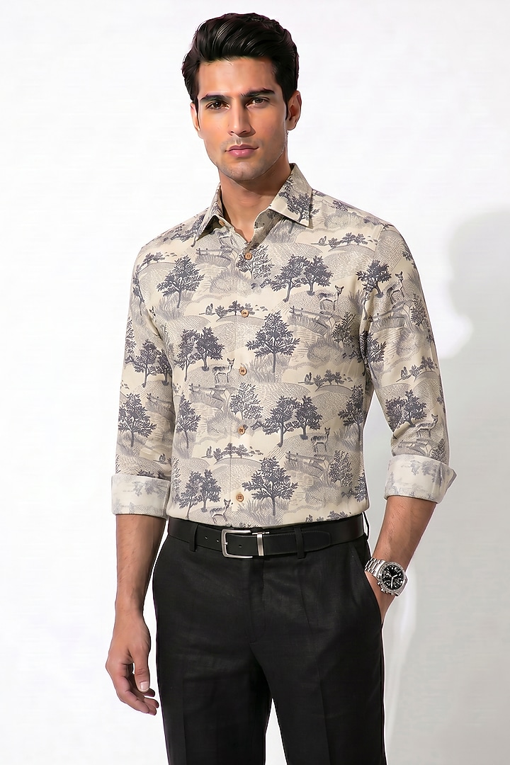 Beige Cotton Forest Printed Party Wear Shirt by Prateek Munjal at Pernia's Pop Up Shop