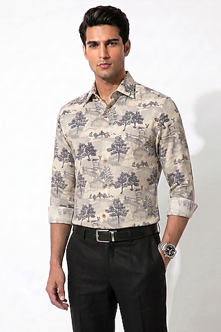 Beige Cotton Forest Printed Shirt by Prateek Munjal