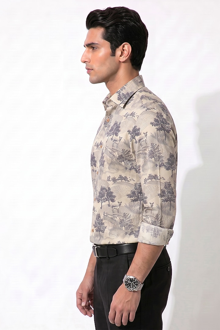 Beige Cotton Forest Printed Party Wear Shirt by Prateek Munjal at Pernia's Pop Up Shop