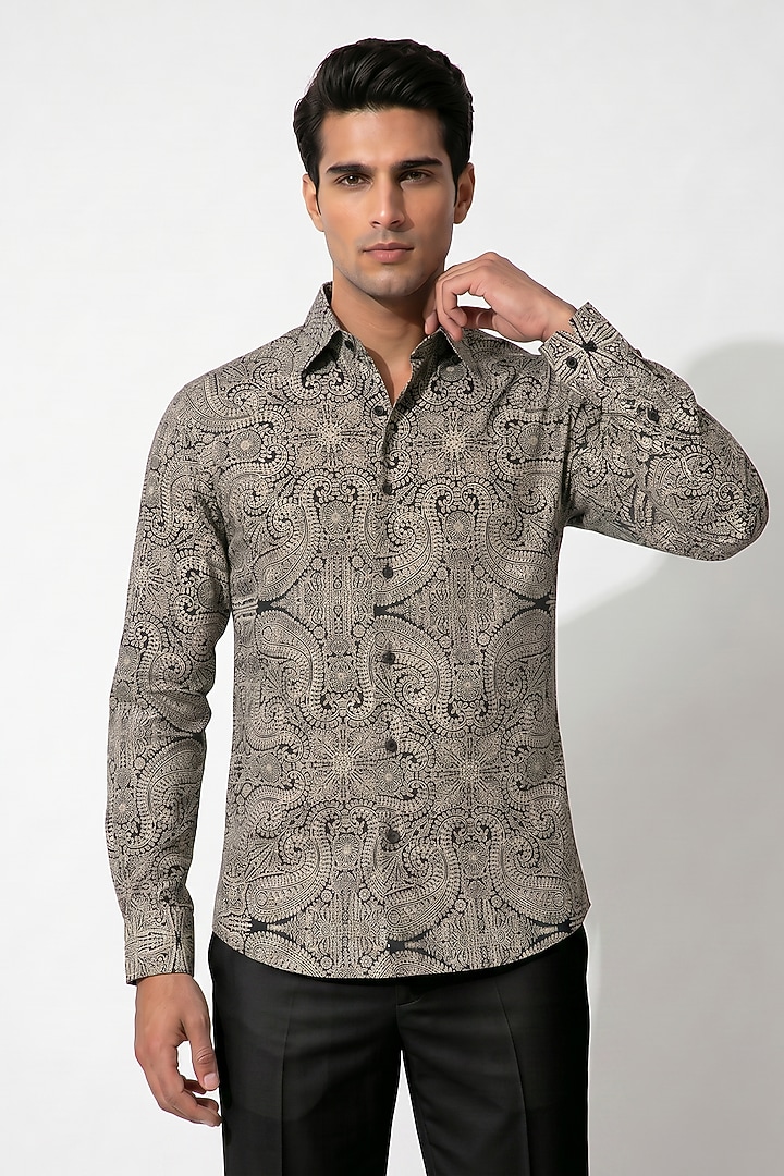 Black & Beige Cotton Paisley Party Wear Shirt by Prateek Munjal at Pernia's Pop Up Shop