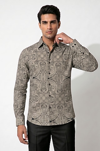 Black & Beige Cotton Paisley Shirt by Prateek Munjal