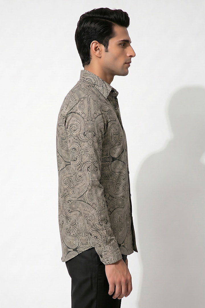 Black & Beige Cotton Paisley Party Wear Shirt by Prateek Munjal at Pernia's Pop Up Shop
