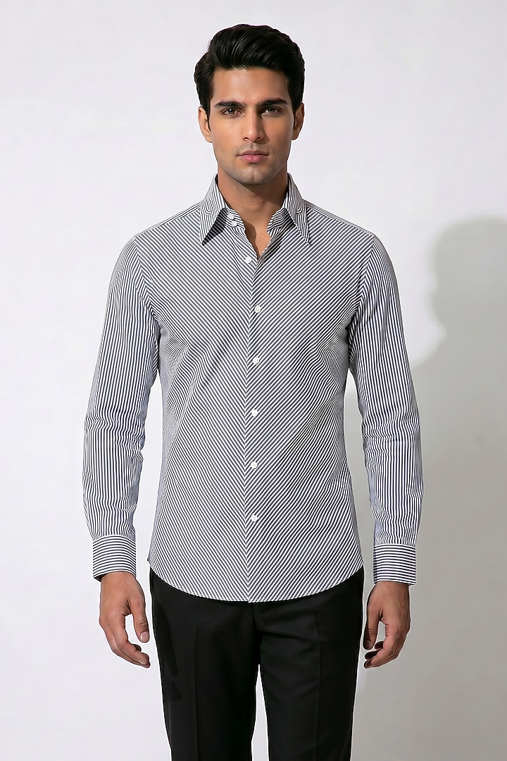 Blue Stripe Cotton Party Wear Shirt by Prateek Munjal at Pernia's Pop Up Shop