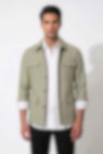 Mint Green Linen Bomber Jacket by Prateek Munjal at Pernia's Pop Up Shop