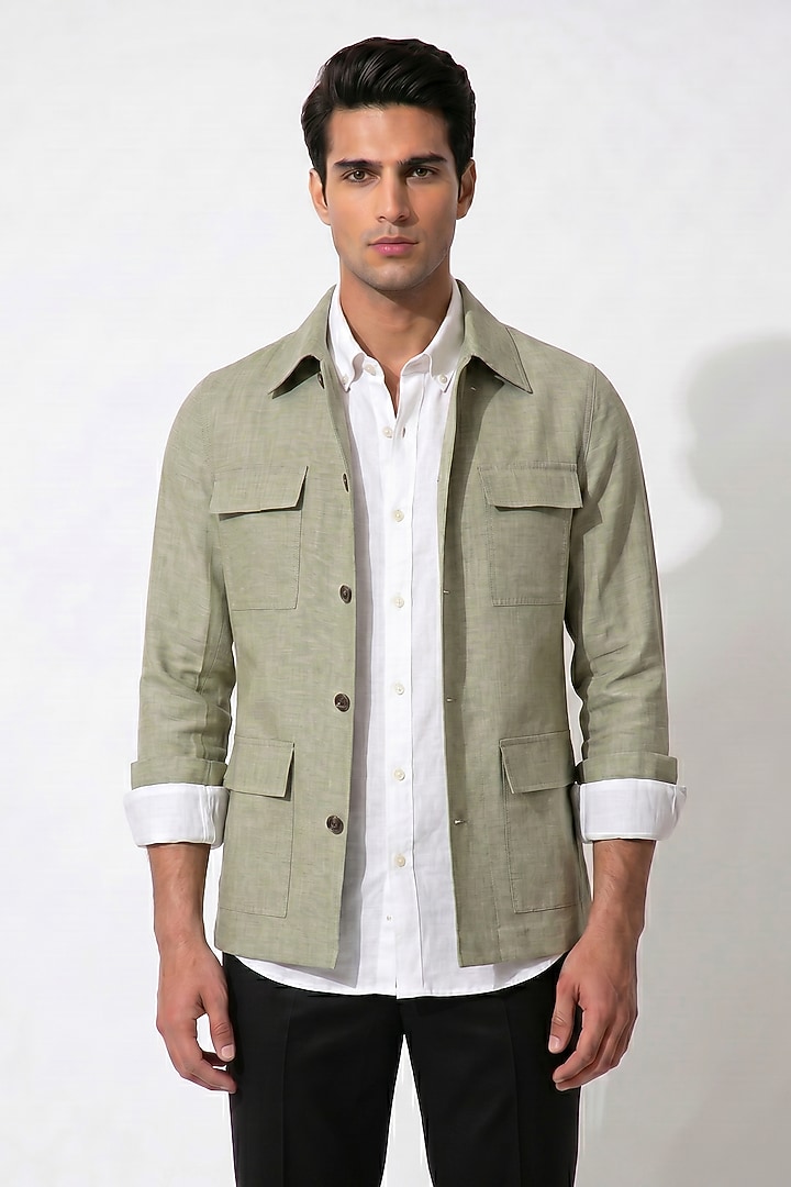 Mint Green Linen Bomber Jacket by Prateek Munjal at Pernia's Pop Up Shop