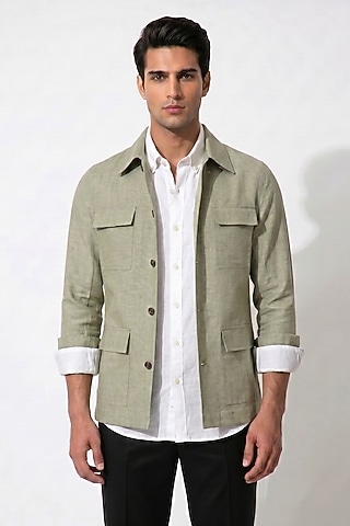 Mint Green Linen Bomber Jacket by Prateek Munjal