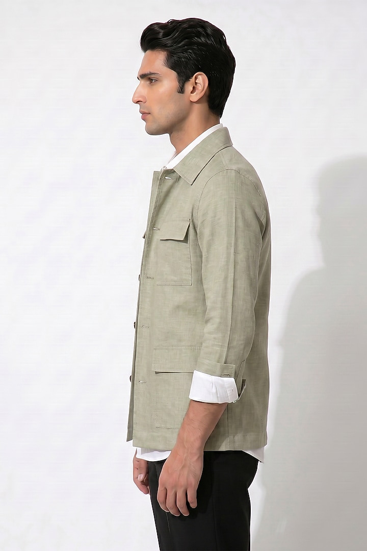 Mint Green Linen Bomber Jacket by Prateek Munjal at Pernia's Pop Up Shop