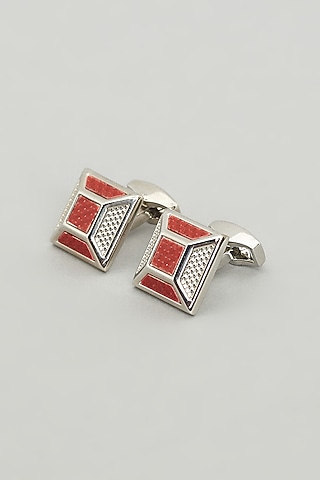 Silver & Red Cufflinks (Set Of 2) by Prateek Munjal