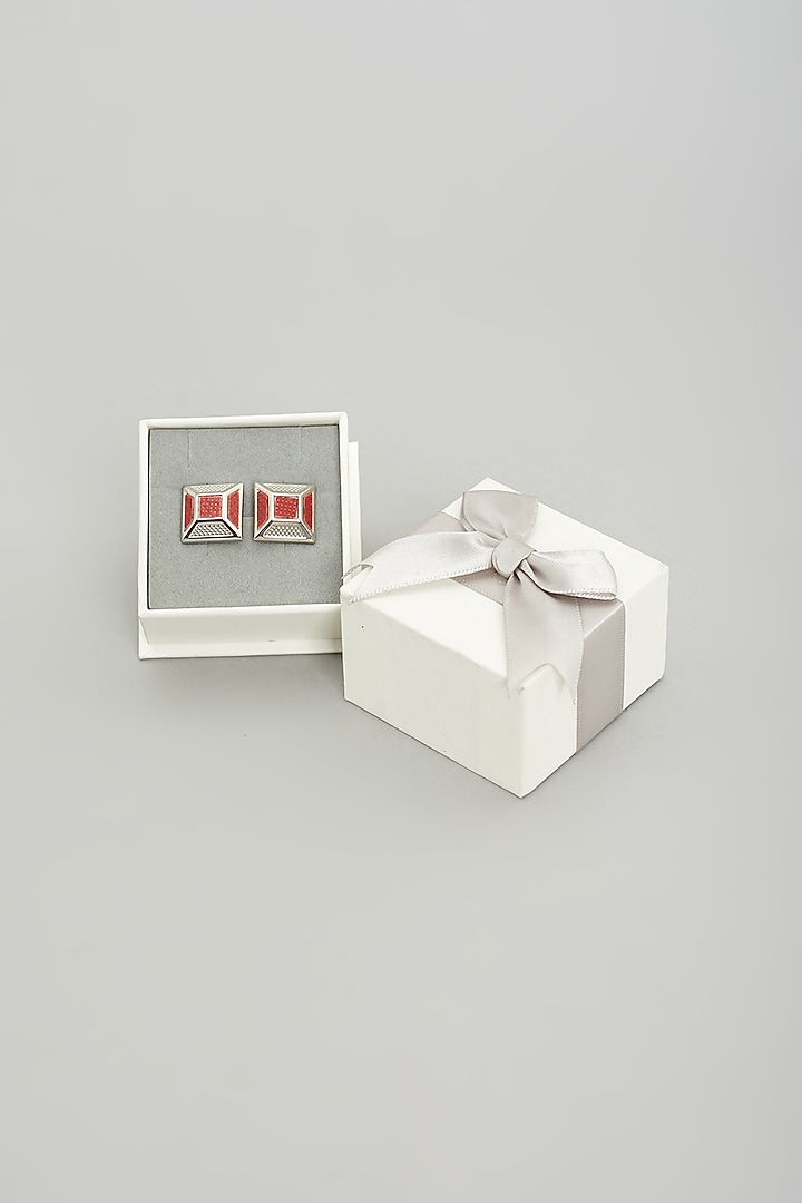 Silver & Red Cufflinks (Set Of 2) by Prateek Munjal at Pernia's Pop Up Shop