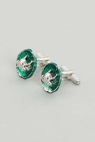 Green Metal Cufflinks (Set Of 2) by Prateek Munjal