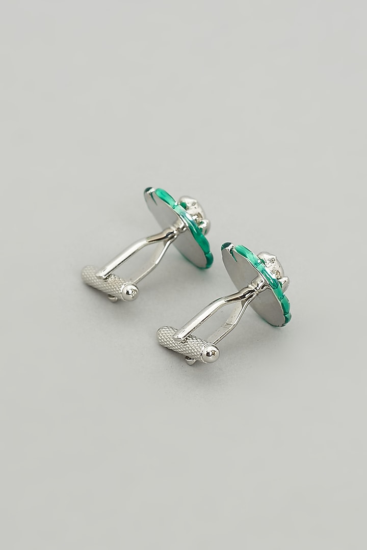 Green Metal Cufflinks (Set Of 2) by Prateek Munjal at Pernia's Pop Up Shop