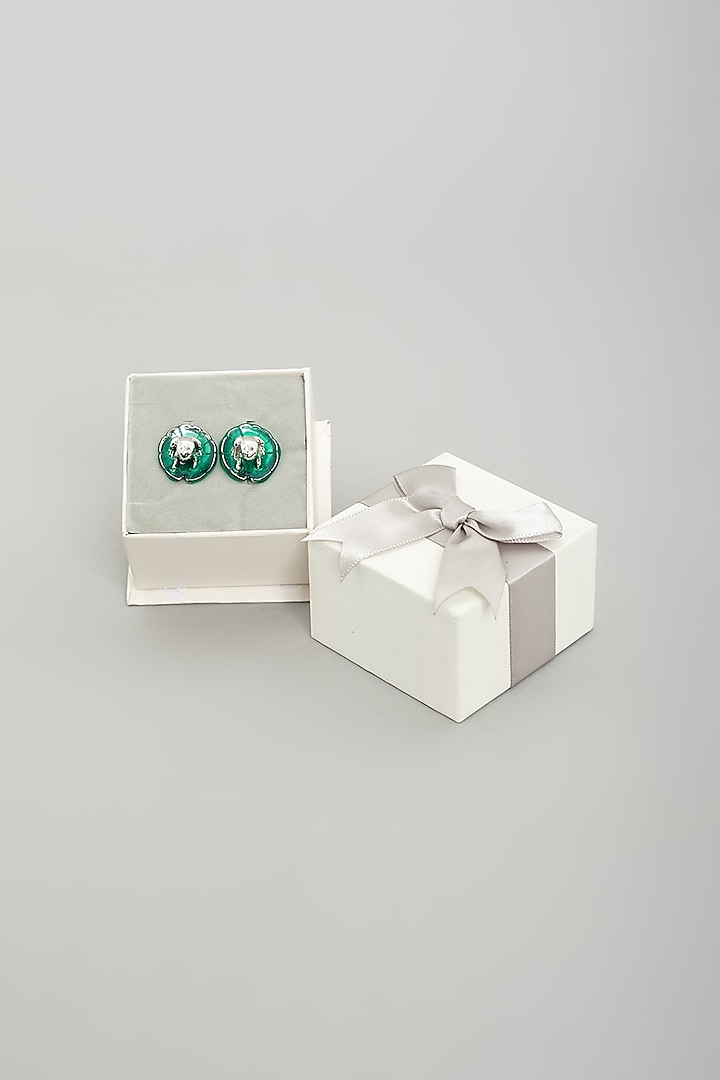 Green Metal Cufflinks (Set Of 2) by Prateek Munjal at Pernia's Pop Up Shop