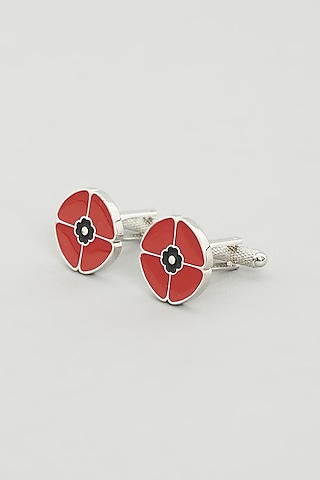 Red Floral Cufflinks (Set Of 2) by Prateek Munjal